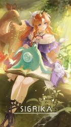  1girl absurdres bare_shoulders blue_eyes body_markings book braid braided_sidelocks bug butterfly character_name chun_ling closed_mouth commentary cropped deer fingerless_gloves gloves hand_up highres jacket long_hair looking_to_the_side open_book orange_hair outdoors pointy_ears purple_jacket sidelocks sigrika_(wuthering_waves) sitting sitting_on_log smile soliskin_(wuthering_waves) solo turning_head veil white_gloves white_veil wuthering_waves yellow_butterfly 