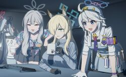  4girls absurdres ahoge angryangrykim animal_ear_fluff animal_ears armband black_gloves black_necktie black_skirt blonde_hair blue_archive blue_eyes blue_halo blue_shirt blush bow braid braided_ponytail breasts center-flap_bangs coffee_mug commentary_request computer_keyboard cup dog_ears dog_girl double-parted_bangs extra_ears fubuki_(blue_archive) gloves grey_bow grey_eyes grey_hair grey_halo hair_bow hair_over_one_eye halo hat hawaiian_shirt highres holding holding_cup indoors kanna_(blue_archive) kirino_(blue_archive) konoka_(blue_archive) large_breasts laughing long_hair mask mask_pull medium_breasts mouth_mask mug multiple_girls necktie notched_ear open_mouth pleated_skirt police police_badge police_hat police_uniform policewoman purple_armband purple_halo purple_necktie red_halo sharp_teeth shirt sidelocks single_braid skirt smoke_grenade teeth twintails white_gloves white_hair 