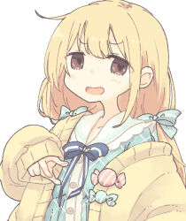  1girl akichi_33 blonde_hair blue_ribbon blue_shirt brown_eyes cardigan commentary_request frilled_shirt_collar frills futaba_anzu gyaru_v hair_ribbon idolmaster idolmaster_cinderella_girls long_hair long_sleeves looking_at_viewer low_twintails neck_ribbon open_mouth ribbon shirt simple_background sleeves_past_wrists smile solo twintails upper_body v white_background yellow_cardigan 