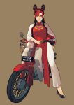  1girl absurdres black_footwear black_hair cao_hong_anh double_bun green_hair ground_vehicle hair_cones hair_down highres jojo_no_kimyou_na_bouken kujo_jolyne long_hair motor_vehicle motorcycle multicolored_hair pants redhead sidelocks solo stone_ocean two-tone_hair vietnamese_clothes vietnamese_dress white_pants 