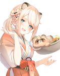  1girl :d animal_ear_fluff animal_ears bangs blonde_hair blue_eyes blush commentary_request exiadoon extra_ears eyes_visible_through_hair floating floating_object food from_side hair_ribbon highres hololive japanese_clothes kazama_iroha kimono looking_at_viewer looking_to_the_side orange_kimono pokobee pot ribbon short_hair simple_background smile solo tanuki teeth upper_body upper_teeth virtual_youtuber white_background 