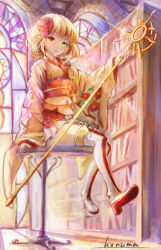  1girl absurdres arched_window blonde_hair book bookshelf boots chair character_request commentary_request copyright_request flower green_eyes hair_flower hair_ornament hand_on_chair heterochromia highres holding holding_staff indoors japanese_clothes kimono lace-up_boots looking_at_viewer obi parted_lips ram-a red_eyes sash short_hair sitting solo staff stained_glass sunlight thigh_boots window yellow_kimono 