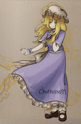  1girl absurdres artist_name back_bow blonde_hair bow churros99 closed_mouth collared_dress commentary contrast_collar dress frilled_dress frilled_shirt_collar frilled_wrist_cuffs frills grey_background half-closed_eyes hand_on_own_chest hat highres long_dress long_hair maribel_hearn mob_cap purple_dress red_shoes sash shoes short_sleeves smile socks solo standing touhou untranslatable_commentary white_bow white_hat white_sash white_socks wrist_cuffs yellow_eyes 