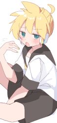  1boy ahoge black_sailor_collar black_shorts blonde_hair blue_eyes blush commentary_request fanning_self from_above from_side hair_between_eyes headphones headset hot kagamine_len looking_at_viewer male_focus mani_(manidrawings) motion_lines nail_polish open_mouth sailor_collar shirt short_hair short_sleeves shorts sidelocks simple_background solo spiky_hair sweat turning_head vocaloid white_background white_shirt yellow_nails 