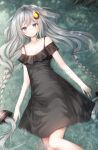  1girl bangs bare_shoulders black_dress blue_eyes braid closed_mouth day dress eyebrows_visible_through_hair feet_out_of_frame grey_hair hair_between_eyes hair_ornament kizuna_akari long_hair looking_at_viewer low_twintails lying murano off-shoulder_dress off_shoulder on_back on_grass outdoors solo star_(symbol) twin_braids twintails very_long_hair voiceroid 