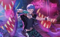  1boy asch_albright bandages belt black_jacket bracelet camouflage camouflage_pants fingernails grey_hair helios_rising_heroes highres holding jacket jewelry looking_at_viewer male_focus official_art orange_eyes pants scar scar_on_face sharp_teeth shirt short_bangs solo spiked_bracelet spikes teeth 