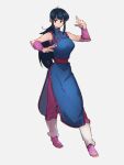  1girl bangs bare_arms black_eyes black_hair blue_dress blunt_bangs breasts chi-chi_(dragon_ball) china_dress chinese_clothes contrapposto dragon_ball dragon_ball_(classic) dress eyelashes facing_viewer fighting_stance full_body grey_background hands_up high_collar kemachiku large_breasts leg_warmers legs_apart long_hair pants parted_lips pink_footwear pink_legwear pink_pants pink_wristband ponytail serious shoes side_slit sidelocks sideways_glance simple_background sleeveless sleeveless_dress solo standing wristband 
