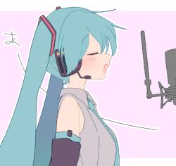  1girl aqua_hair aqua_necktie blush border closed_eyes collared_shirt commentary_request detached_sleeves double-parted_bangs from_side grey_shirt hair_between_eyes hatsune_miku headphones headset letterboxed long_hair mani_(manidrawings) microphone music necktie open_mouth outline outside_border pink_background pop_filter shirt sidelocks simple_background singing sleeveless sleeveless_shirt solo twintails vocaloid white_border white_outline 
