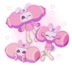  1girl :3 animal_ears antennae arm_support arms_up black_eyes blush commentary_request gradient_background grid_background hands_on_own_cheeks hands_on_own_face head_rest heart highres honey_(katamari_damacy) katamari_damacy lying multiple_views narrowed_eyes on_stomach one_eye_closed pink_background rabbit_ears rabbit_tail radial_gradient_background standing tail tongue tongue_out umm15 white_background 
