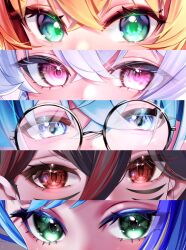  1boy 4girls black_hair blue_eyes blue_hair character_request column_lineup commentary_request copyright_request eye_focus facial_mark garimayo glasses green_eyes hair_between_eyes heart heart_in_eye highres indie_virtual_youtuber kiara_(kiarastreams)_(vtuber) multicolored_hair multiple_girls orange_hair pink_eyes red_eyes red_hair round_eyewear symbol_in_eye vulpes_(vtuber) white_hair yukishiro_hakutaku 