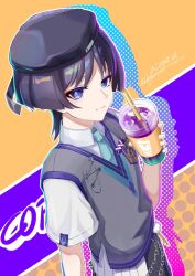  1boy arm_at_side beret black_hat blue_necktie blue_pupils blunt_ends chain choppy_bangs closed_mouth collared_shirt contemporary cup disposable_cup drinking_straw drop_shadow eyeliner feathers fingernails genshin_impact grey_hair grey_sweater guyuqiuhen1 hand_up hat looking_at_viewer makeup male_focus necktie o-ring official_alternate_costume pom_pom_(clothes) red_eyeliner safety_pin scaramouche_(genshin_impact) school_uniform shirt short_sleeves signature simple_background smile solo sweater tsurime undershirt upper_body violet_eyes wanderer_(genshin_impact) wanderer_(mega_mgc_coffee)_(genshin_impact) white_shirt white_sleeves wing_collar yellow_feathers 