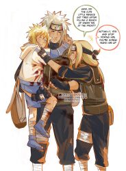  1girl 2boys absurdres artist_name blonde_hair flak_jacket forehead_protector highres jacket jiraiya_(naruto) kokodrawings konohagakure_shinobi_uniform multiple_boys namikaze_minato naruto_(series) signature spiky_hair tsunade_(naruto) twitter_username white_hair 