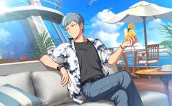  1boy asch_albright belt chain chain_necklace crossed_legs cup fingernails food fruit grey_hair helios_rising_heroes highres holding jewelry male_focus necklace official_art open_clothes orange_(fruit) orange_eyes pants shirt short_sleeves sitting solo table umbrella watch watch 