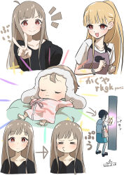  2girls absurdres ahoge apron arrow_(symbol) asanagi_asu baby black_hair blonde_hair blue_skirt cho_kaguya-hime! closed_mouth commentary_request grey_hair highres kaguya_(cho_kaguya-hime!) long_hair multiple_girls red_eyes sailor_collar sakayori_iroha school_uniform serafuku shirt short_sleeves simple_background skirt v white_background white_sailor_collar white_shirt 