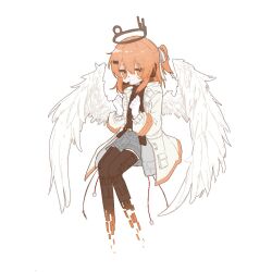  1girl a.i._voice adachi_rei angel angel_wings black_thighhighs dissolving feathered_wings full_body grey_shorts halo headset highres jacket kurusuke_(kurumi) long_sleeves open_clothes open_jacket orange_eyes orange_hair shorts simple_background solo thigh-highs utau white_background white_jacket white_wings wings 