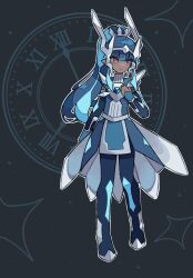  1girl adamant_orb arm_at_side armor armored_dress blue_boots blue_dress blue_gloves blue_hair blue_pupils blue_streaks blunt_bangs boots bridal_gauntlets center-flap_bangs chest_jewel clock dark-skinned_female dark_skin dialga dress earrings elbow_gloves frown full_body gloves grey_dress hamburgergummys hand_on_own_chest high_ponytail highres humanization jewelry looking_to_the_side multicolored_hair pointy_ears pokemon ponytail red_eyes silver_crown solo sparkle standing streaked_hair thigh_boots tsurime 