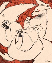  1other animal animal_feet animal_focus cat closed_mouth colored_sclera fox furry multiple_tails narrowed_eyes original other_focus oto_animal solo tail yellow_fur yellow_sclera 