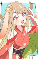  1girl absurdres animal_ears blonde_hair blue_background blush brown_hair cho_kaguya-hime! clothing_cutout colored_inner_hair commentary_request highres japanese_clothes kaguya_(cho_kaguya-hime!) kimono long_hair multicolored_hair obi open_mouth rabbit_ears rabbit_girl red_kimono sash shiox shoulder_cutout solo teeth upper_teeth_only v 
