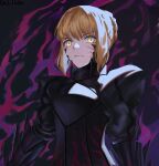  1girl absurdres artoria_pendragon_(fate) bangs bird_ran black_dress black_ribbon blonde_hair braid closed_mouth commentary_request dark_excalibur dress excalibur_morgan_(fate) fate/grand_order fate/stay_night fate_(series) french_braid from_below gothic_lolita hair_bun highres holding holding_sword holding_weapon juliet_sleeves lolita_fashion long_sleeves looking_at_viewer puffy_sleeves ribbon saber_alter sidelocks sword weapon yellow_eyes 