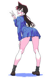  1girl :d bare_legs black_socks blazer blue_eyes blue_jacket blue_skirt blush breasts brown_hair brown_shoes crossed_bangs from_behind full_body hand_on_own_thigh hand_up highres jacket kneepits leaning_forward loafers long_hair long_sleeves looking_at_viewer looking_back medium_breasts meitantei_conan miniskirt mouri_ran open_mouth pleated_skirt school_uniform shirt shoes simple_background skirt small_sweatdrop smile socks solo turning_head v white_background white_shirt winter_uniform yaki_apple 