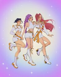  3girls absurdres alilyushka black_hair boots braid braided_ponytail brown_eyes commentary epaulettes floating_hair full_body highres jacket kpop_demon_hunters long_hair looking_ahead mira_(kpop_demon_hunters) multiple_girls pink_hair purple_hair rumi_(kpop_demon_hunters) short_bangs shorts shoulder_pads sidelocks sleeveless smile sparkle turtleneck white_boots white_jacket white_shorts zoey_(kpop_demon_hunters) 