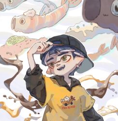  1boy backwards_hat black_hat black_jacket blue_hair commentary earrings food grey_eyes hat inkling inkling_boy inkling_player_character jacket jewelry looking_to_the_side lu_3sea male_focus open_mouth pointy_ears print_shirt shirt short_hair shrimp shrimp_tempura single_earring smile solo splatoon_(series) tempura tentacle_hair untranslatable_commentary yellow_shirt 