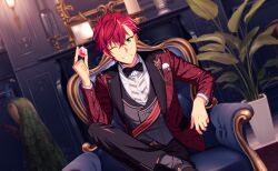 1boy black_bow black_bowtie bow bowtie formal_clothes green_eyes helios_rising_heroes highres holding indoors long_sleeves looking_at_viewer male_focus official_art one_eye_closed otori_akira plant potted_plant red_hair shirt sitting smile solo suit teeth vest 