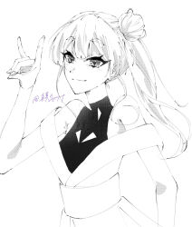  1girl cho_kaguya-hime! closed_mouth clothing_cutout commentary_request fox_shadow_puppet greyscale highres long_hair monochrome runami_yachiyo shoulder_cutout side_ponytail simple_background solo v6vvvmmn white_background 