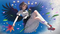  1girl bad_id bad_twitter_id bird_wings black_bow black_bowtie black_wings bloomers blue_sky bow bowtie brown_hair closed_mouth clouds collared_shirt commentary day falling_leaves falling_petals feathered_wings frilled_skirt frills full_body geta hat hauchiwa kneehighs leaf looking_at_viewer petals pointy_ears pom_pom_(clothes) pyonsuke_(pyon2_mfg) red_eyes red_hat red_shoes shameimaru_aya shirt shoes short_hair short_sleeves skirt sky smile socks solo tengu-geta tokin_hat touhou untranslatable_commentary white_bloomers white_shirt white_socks wings 