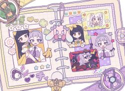  4girls :d black_hair blue_hairband blunt_bangs blush bow bowtie closed_mouth collared_shirt commentary_request dark_chii fang food hair_bow hair_over_one_eye hairband highres himitsu_no_aipri kamaboko long_hair long_sleeves looking_at_viewer mamiya_chii multicolored_hair multiple_girls narutomaki necktie open_mouth photo_(object) photo_album pink_streaks pnt_0202 pretty_series purple_hair purple_necktie shirt short_hair sidelocks smile streaked_hair suzukaze_tsumugi suzukaze_tsumugi_(princess_aipri) thick_eyebrows v-shaped_eyebrows white_hair white_shirt yellow_bow yellow_bowtie 