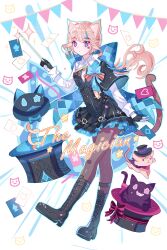  1girl absurdres animal_ear_fluff animal_ears black_dress black_pantyhose black_shoes blue_bow boots bow breasts brown_hair cat_ears cat_girl cat_tail chinese_commentary cleavage_cutout closed_mouth clothing_cutout commentary_request dress frilled_dress frills full_body genshin_impact gloves hat highres holding holding_wand leotard long_hair long_sleeves low_ponytail lynette_(genshin_impact) magician magician's_wand multicolored_hair pantyhose ponytail ribbon shoes sidelocks solo star_(symbol) tail top_hat viclim-monou violet_eyes wand 