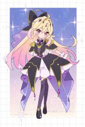  antenna_hair arm_behind_back black_capelet blonde_hair brooch capelet closed_mouth cure_arcana_shadow diamond_hairband dot_mouth frilled_capelet frilled_cuffs frills heart heart_brooch highres jewelry long_hair looking_at_viewer magical_girl meitantei_precure! moria_luluka neruk0hasodatu pink_eyes precure purple_thighhighs purple_veil star_(sky) starry_sky_background thigh-highs veil very_long_hair zettai_ryouiki 