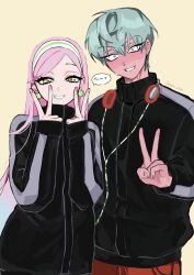  1boy 1girl alien_stage black_jacket blue_hair commentary_request earrings green_eyes green_hairband hairband headphones headphones_around_neck highres jacket jewelry long_hair mizi_(alien_stage) multicolored_hair multicolored_hairband naru_00m official_alternate_costume pink_hair short_hair signature sphere_earrings striped_clothes striped_hairband till_(alien_stage) two-tone_hair two-tone_hairband v very_long_hair very_short_hair white_hairband yellow_background yellow_eyes 
