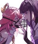  2girls alkalilyy bridal_gauntlets eye_contact eyebrows_behind_hair from_side genshin_impact highres looking_at_another multiple_girls muzzle parted_lips pink_hair purple_hair raiden_shogun simple_background twitter_username white_background yae_(genshin_impact) yuri 