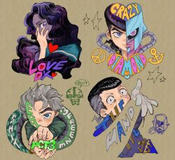  1girl 3boys 3others anchor_symbol black_hair blue_eyes character_name chibi chibi_only colored_skin compound_eyes crazy_diamond diamond_wa_kudakenai dollar_sign echoes_(stand) echoes_act1 echoes_act3 english_commentary gakuran grey_hair heart helmet higashikata_josuke highres hirose_koichi jewelry jojo_no_kimyou_na_bouken long_hair love_deluxe multicolored_hair multiple_boys multiple_others nijimura_okuyasu peace_symbol pink_eyes pink_skin pompadour purple_hair school_uniform serafuku simple_background stand_(jojo) star_(symbol) taboko_jjba the_hand_(stand) tube two-tone_hair undercut violet_eyes wavy_hair yamagishi_yukako 
