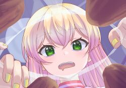  1girl @_@ absurdres bags_under_eyes blonde_hair choker commentary_request crossed_bangs drooling fang food from_below fugashi_(food) green_eyes highres hololive lemon_pool long_hair looking_at_viewer momosuzu_nene momosuzu_nene_(cheerleader) mouth_drool nail_polish official_alternate_costume open_mouth pink_choker pink_hair silk solo teeth upper_teeth_only virtual_youtuber yellow_nails 