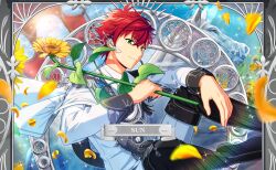 1boy boots card_(medium) character_name closed_mouth falling_petals flower green_eyes headset helios_rising_heroes highres holding holding_flower horse long_sleeves looking_at_viewer male_focus official_art otori_akira petals red_hair sitting smile solo sunflower yellow_flower 