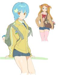  2girls alternate_costume ayanami_rei backpack bag bag_charm blue_eyes blue_hair blue_skirt bow bowtie brown_bag brown_cardigan candy cardigan charm_(object) collarbone commentary earphones food food_in_mouth hair_ornament hairclip highres interface_headset_(evangelion) jacket lollipop lollipop_in_mouth long_hair miniskirt multiple_girls necktie neon_genesis_evangelion orange_hair pink_shirt pink_thighhighs red_bow red_bowtie red_eyes rinami456 shirt short_hair shoulder_bag simple_background skirt souryuu_asuka_langley thigh-highs white_background white_shirt yellow_jacket 