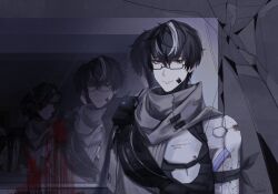  1boy absurdres bag bandage_over_one_eye black-framed_eyewear black_hair blood_on_mirror broken_mirror closed_mouth coat commentary_request glasses grey_coat half-coat highres looking_at_viewer male_focus mechanical_arms mirror multicolored_hair multiple_reflections noan:_arca_(pgr) noan_(pgr) punishing:_gray_raven reflection semi-rimless_eyewear shoulder_bag smile streaked_hair upper_body white_streaks yellow_eyes za7_ge7 