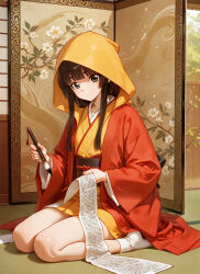  1girl belt black_hair blunt_bangs brown_belt brown_eyes brown_sash calligraphy calligraphy_brush day floral_print full_body fusuma hair_over_shoulder highres hime_cut holding holding_paper holding_scroll hood hood_up indoors ink japanese_clothes kimono long_hair looking_at_viewer obi obijime open_clothes open_kimono original paintbrush paper red_kimono red_trim sash scroll short_kimono shouji sliding_doors socks solo tatami unno_hotaru white_socks 