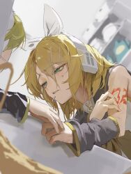  1boy 1girl aqua_eyes arm_tattoo blonde_hair blurry blurry_background bow commentary depth_of_field detached_sleeves grey_sailor_collar grey_sleeves hair_between_eyes hair_bow hair_ornament hairclip half-closed_eyes hand_on_own_arm headset highres indoors kagamine_len kagamine_rin looking_at_another neckerchief number_tattoo parallel_hairclips parted_lips phyordi_9y9 sailor_collar shirt short_hair sidelocks sleeveless sleeveless_shirt sweat tattoo treble_clef upper_body vocaloid wall_shelf white_bow white_shirt yellow_neckerchief 