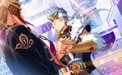  2boys asch_albright bead_necklace beads belt closed_mouth fur_trim grey_hair headband helios_rising_heroes highres holding_hands jewelry male_focus mask multiple_boys necklace official_alternate_costume official_art orange_eyes tattoo 