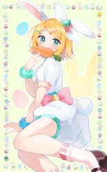  1girl :3 animal_ears black_shoes blonde_hair blue_eyes blush border bow carrot commentary_request easter easter_egg egg egg_hair_ornament fake_tail food-themed_hair_ornament food_in_mouth foot_out_of_frame full_body hair_bow hair_ornament hairclip highres kagamine_rin mani_(manidrawings) medium_hair parallel_hairclips parted_bangs pink_bow rabbit_ears rabbit_tail scrunchie shirt shoes shorts sidelocks socks solo tail vocaloid white_bow white_shirt white_shorts white_socks wrist_scrunchie yellow_background 