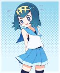 1girl adapted_costume bare_arms black_legwear blue_eyes blue_hair blue_sailor_collar blue_skirt blush bright_pupils collarbone commentary_request flying_sweatdrops freckles hairband highres kouzuki_(reshika213) lana_(pokemon) no_sclera one-piece_swimsuit open_mouth pleated_skirt pokemon pokemon_(anime) pokemon_sm_(anime) sailor_collar shirt short_hair skirt sleeveless sleeveless_shirt solo swimsuit swimsuit_under_clothes thigh-highs tongue white_pupils white_shirt yellow_hairband 