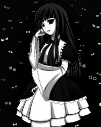  1girl cat dress empty_eyes evil_smile frederica_bernkastel greyscale hand_on_own_cheek hand_on_own_face highres long_hair long_sleeves looking_at_viewer monochrome no_pupils smile smug umineko_no_naku_koro_ni visual_novel 
