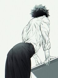  1boy absurdres arm_support ass ass_focus boku_no_hero_academia commentary_request dress_shirt fingernails from_below greyscale highres korean_commentary male_focus midoriya_izuku monochrome multiple_scars scar scar_on_arm shammah_001 shirt short_hair simple_background sleeves_rolled_up solo standing suit_pants twitter_username white_background 