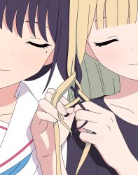  2girls absurdres black_hair black_shirt blonde_hair braiding_another's_hair braiding_hair cho_kaguya-hime! closed_eyes closed_mouth commentary dan_yui hairdressing highres kaguya_(cho_kaguya-hime!) long_hair multiple_girls sailor_collar sakayori_iroha school_uniform serafuku shirt simple_background upper_body white_background white_sailor_collar white_shirt yuri 