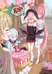  4girls absurdres angel_wings azusa_(blue_archive) birthday birthday_cake birthday_party black_hat black_wings blue_archive blush brown_hair cake candle closed_mouth commentary_request feathered_wings flower food fruit green_eyes hair_between_eyes hair_flower hair_ornament halo hanako_(blue_archive) hanako_(swimsuit)_(blue_archive) happy_birthday hat head_wings hifumi_(blue_archive) highres holding holding_cake holding_food koharu_(blue_archive) kongaru_123 long_hair long_sleeves low_wings make-up_work_club_(blue_archive) multiple_girls official_alternate_costume open_mouth pink_hair purple_flower school_uniform shirt smile strawberry twintails violet_eyes white_hair white_shirt wings yellow_halo 