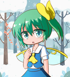  1girl :o ascot blue_skirt blue_vest blush bow collarbone commentary_request daiyousei fairy fairy_wings flying_sweatdrops forest green_eyes green_hair hair_between_eyes hair_bow hand_on_own_chest hand_up highres ice ice_crystal kajiya_no_masa looking_at_viewer nature no_nose one-hour_drawing_challenge open_mouth outdoors raised_inner_eyebrows shirt short_hair short_sleeves side_ponytail skirt skirt_set snow snowflakes snowing solo touhou translation_request tree vest white_shirt wings yellow_ascot yellow_bow 