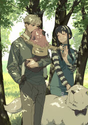  1boy 2girls ^_^ absurdres adoptive_parent_and_adoptive_child anya_(spy_x_family) back black_bow black_bowtie black_hair blonde_hair bond_(spy_x_family) bow bowtie brown_pants carrying child child_carry closed_eyes closed_mouth collared_shirt dappled_sunlight day dog dress family father_and_child father_and_daughter grass great_pyrenees green_dress green_eyes green_skirt green_sweater hair_over_shoulder hairband hairpods hand_in_pocket highres husband_and_wife long_sidelocks long_sleeves looking_at_another mother_and_child mother_and_daughter multiple_girls open_hand outdoors p_notninjin pants parent_and_child pink_hair shirt shirt_under_sweater short_dress short_hair sidelocks skirt skirt_set sleeveless sleeveless_dress smile spy_x_family standing striped_clothes striped_shirt sunlight sweater tree tree_shade twilight_(spy_x_family) twitter_username two-tone_shirt white_dog white_hairband white_shirt yor_briar 